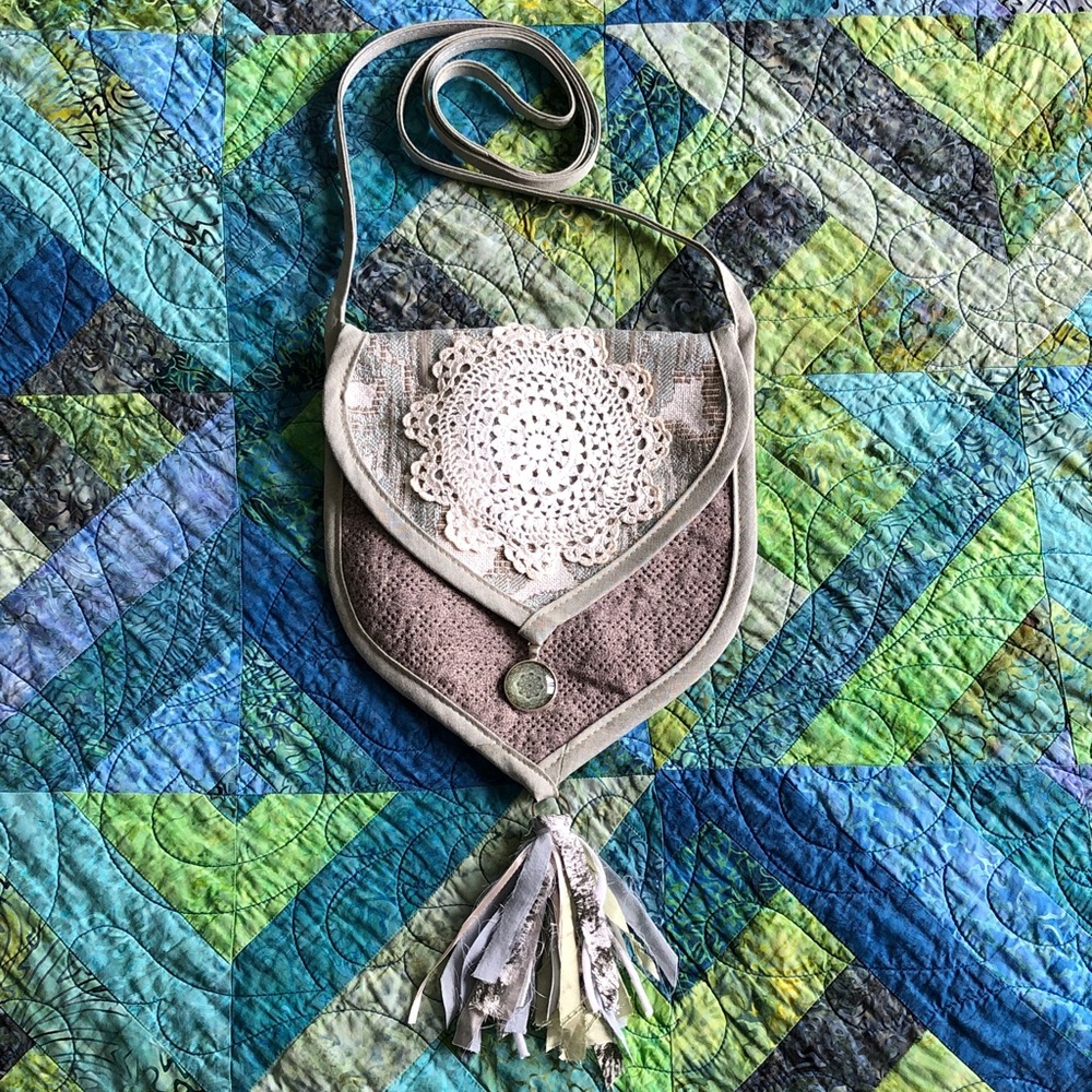 Handmade Crossbody Bag Upcycled Fabric Tassel Vintage Doily